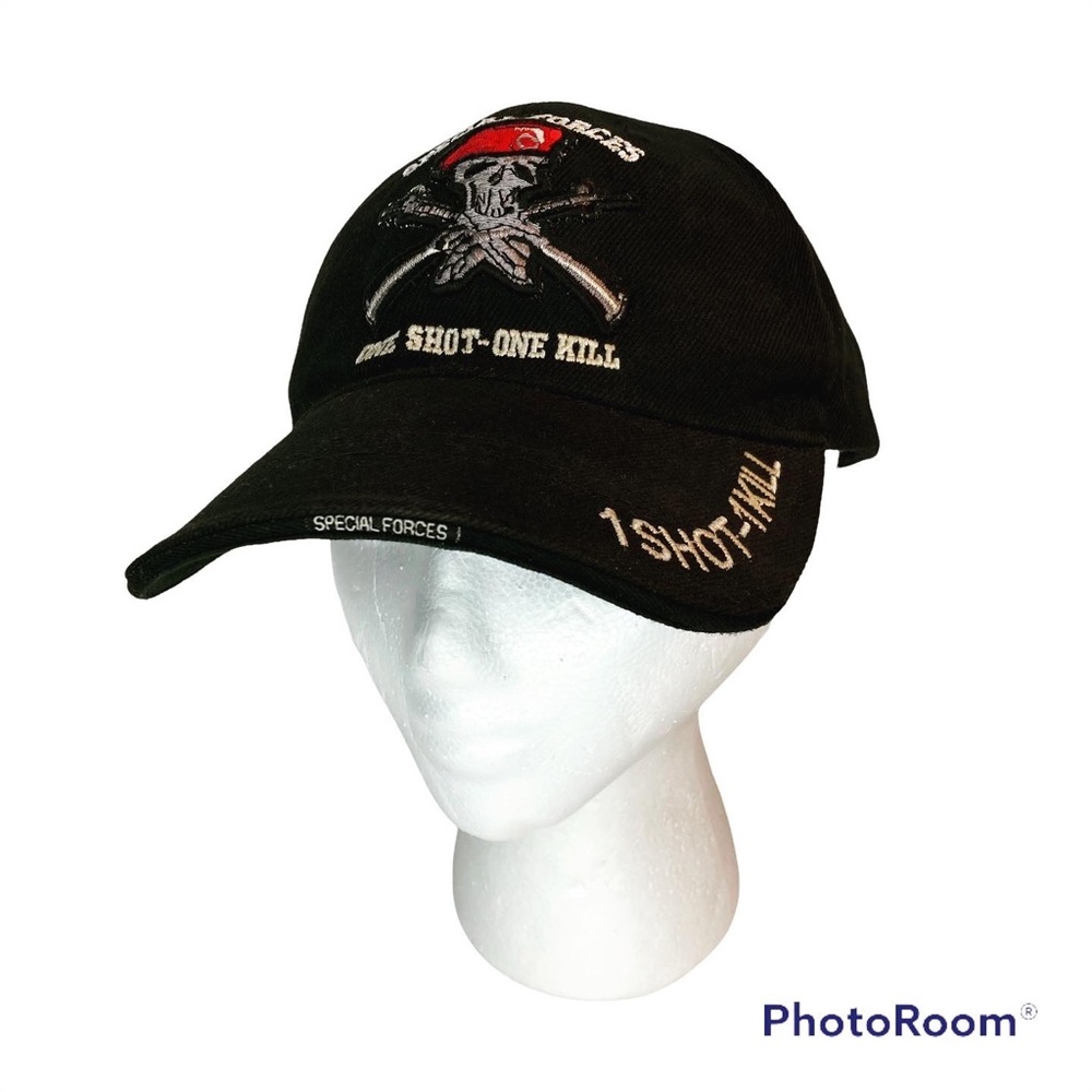 Vintage K&SUnique Special Forces 1 Shot-1 Kill Skull Sniper Black Twill Hat Y2K